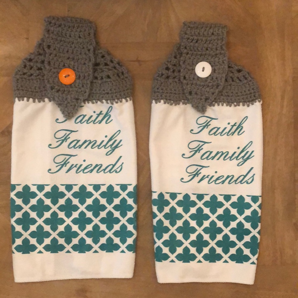 3 Grey & Turquoise Crochet Kitchen Towels